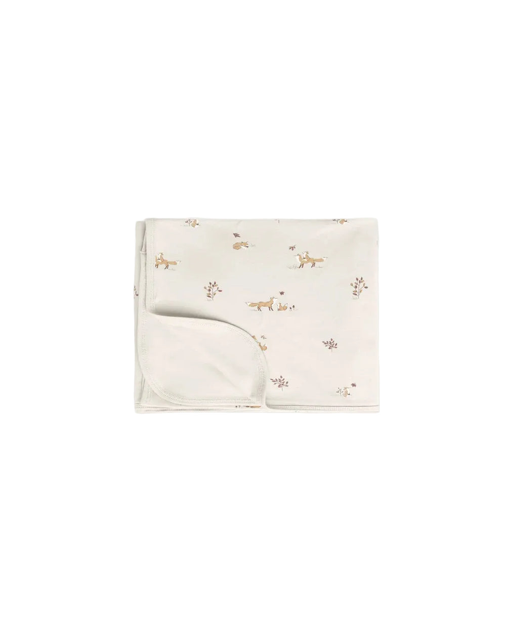 A folded baby blanket or swaddle in warm off-white fabric, printed with small tan and brown deer motifs and a soft matching folded corner, shown on a plain light background.