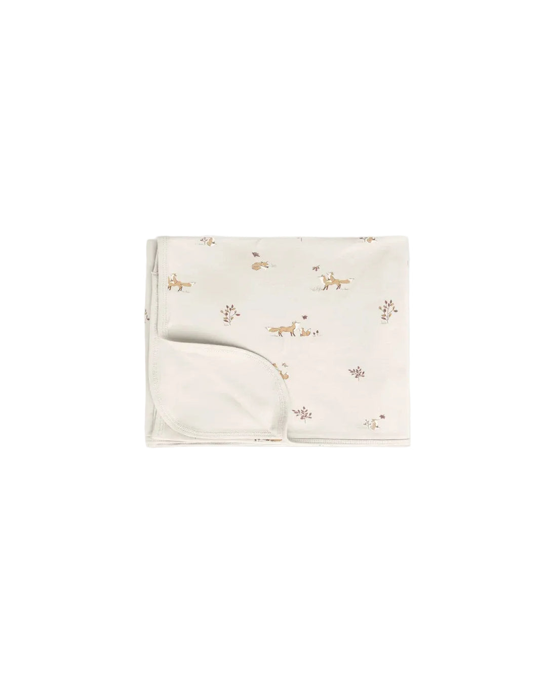 A folded baby blanket or swaddle in warm off-white fabric, printed with small tan and brown deer motifs and a soft matching folded corner, shown on a plain light background.