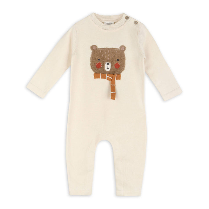 Furry Bear Organic Cotton Knit Baby Jumpsuit Ecru