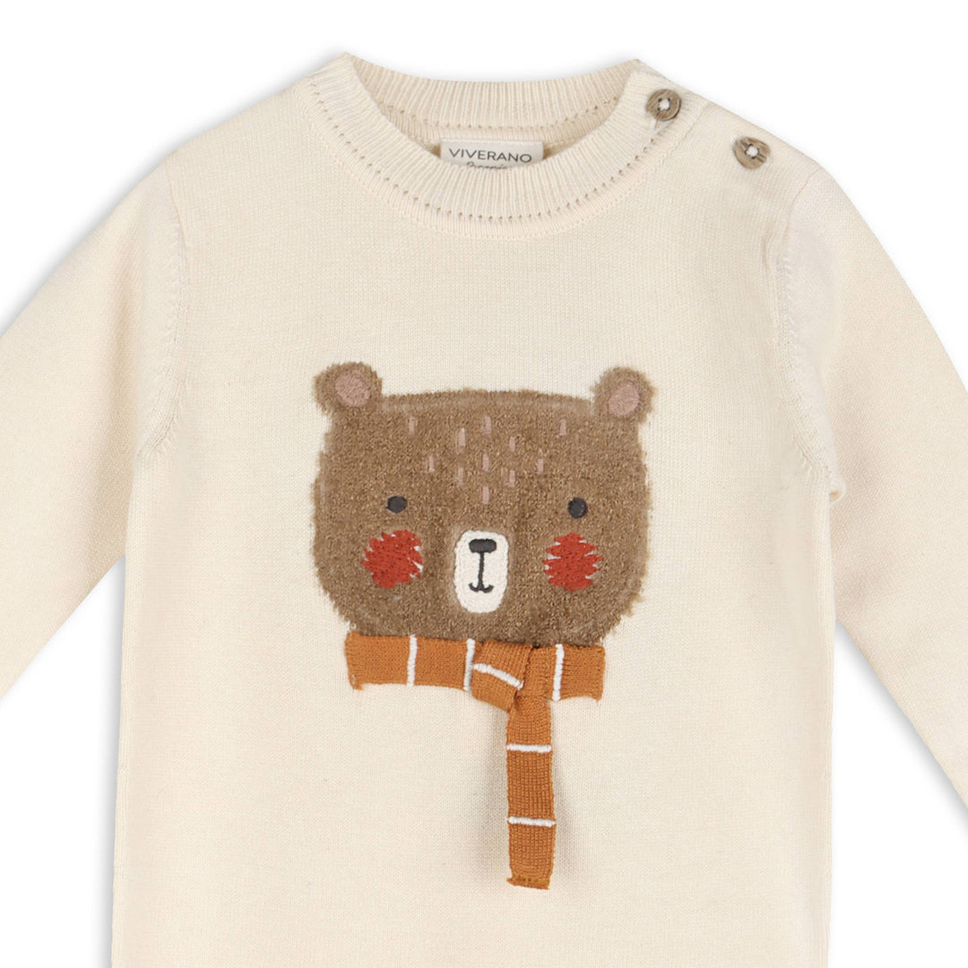 Furry Bear Organic Cotton Knit Baby Jumpsuit Ecru