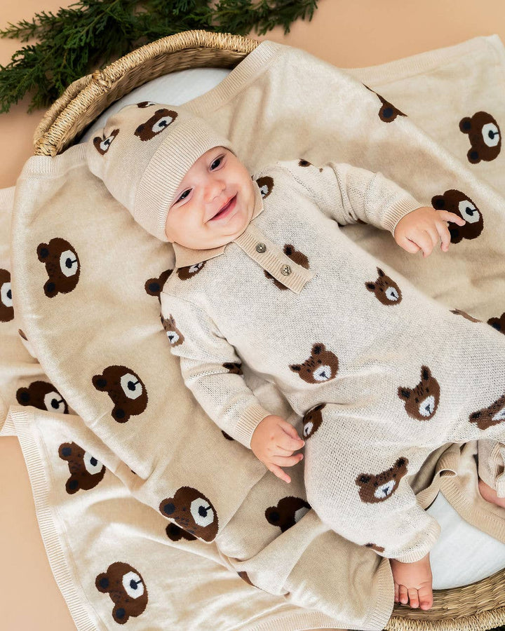 Brown Bear - Organic Cotton Jacquard Knit Baby Blanket