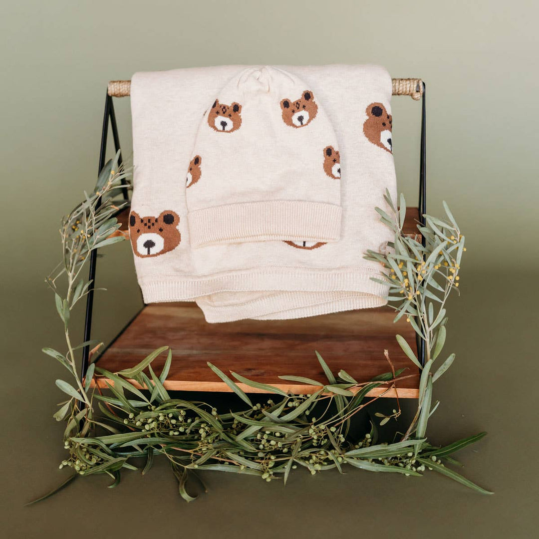 Brown Bear - Organic Cotton Jacquard Knit Baby Blanket