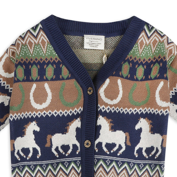 Romeo Organic Cotton Western Jacquard Baby Cardigan Navy