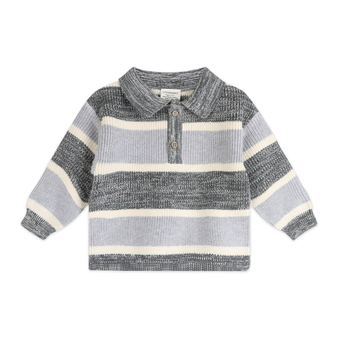 Rugby Stripe Organic Cotton Polo Pullover and Pants Set Charcoal