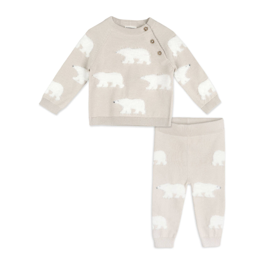 Polar Bear Organic Cotton Baby Sweater and Pants Set Stone