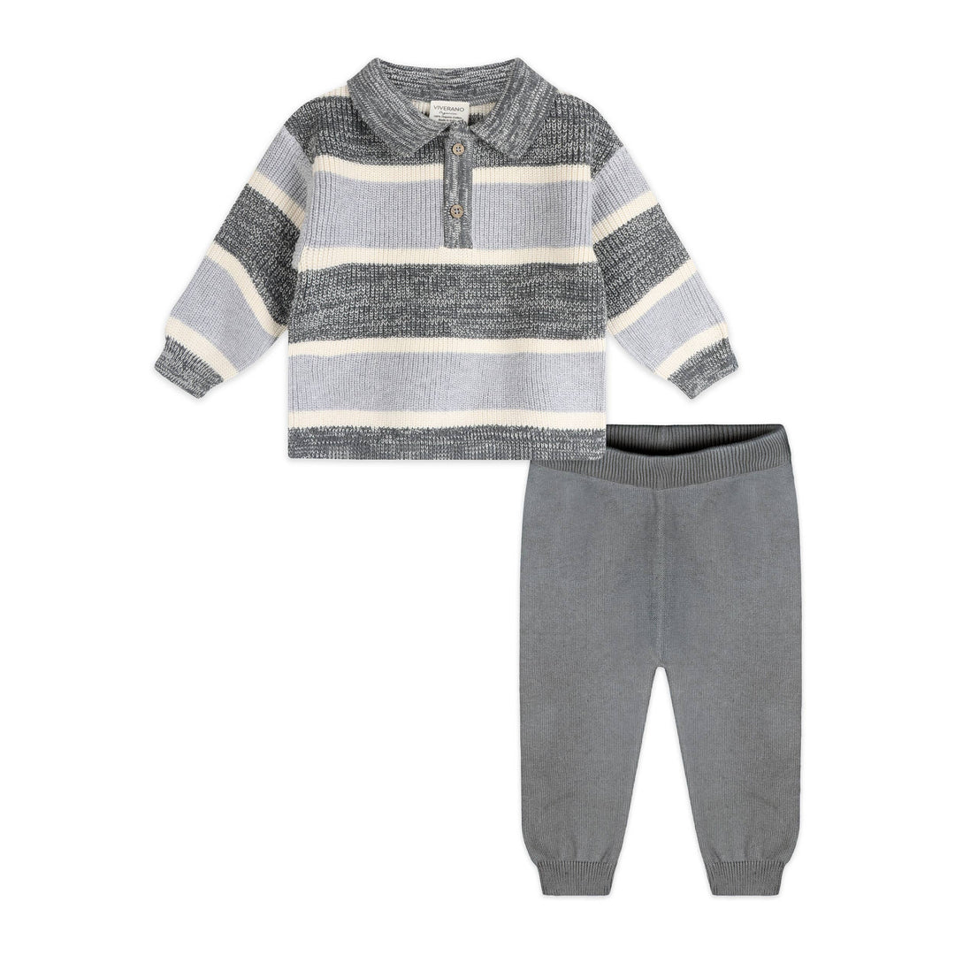 Rugby Stripe Organic Cotton Polo Pullover and Pants Set Charcoal
