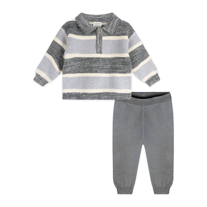 Rugby Stripe Organic Cotton Polo Pullover and Pants Set Charcoal