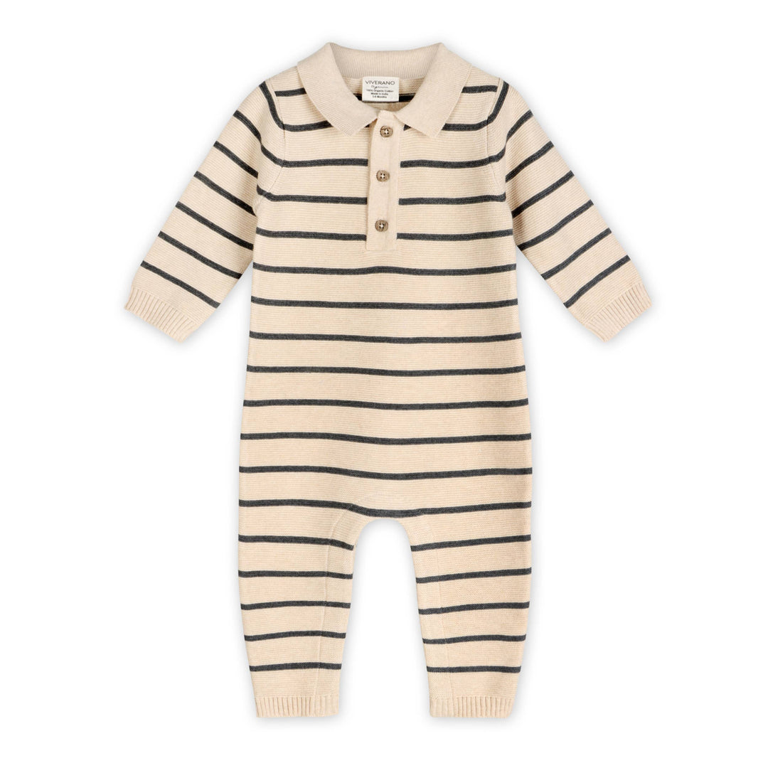 Stripe &amp; Collar Knit Jumpsuit (Organic Cotton)