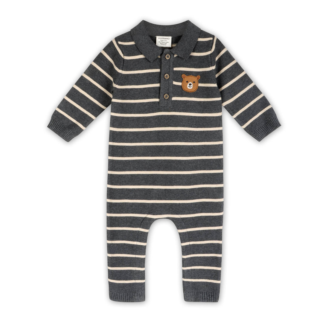 Bear Face Organic Cotton Striped Knit Baby Jumpsuit Charcoal