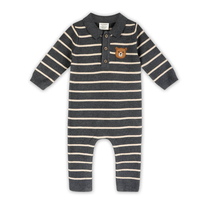 Bear Face Organic Cotton Striped Knit Baby Jumpsuit Charcoal
