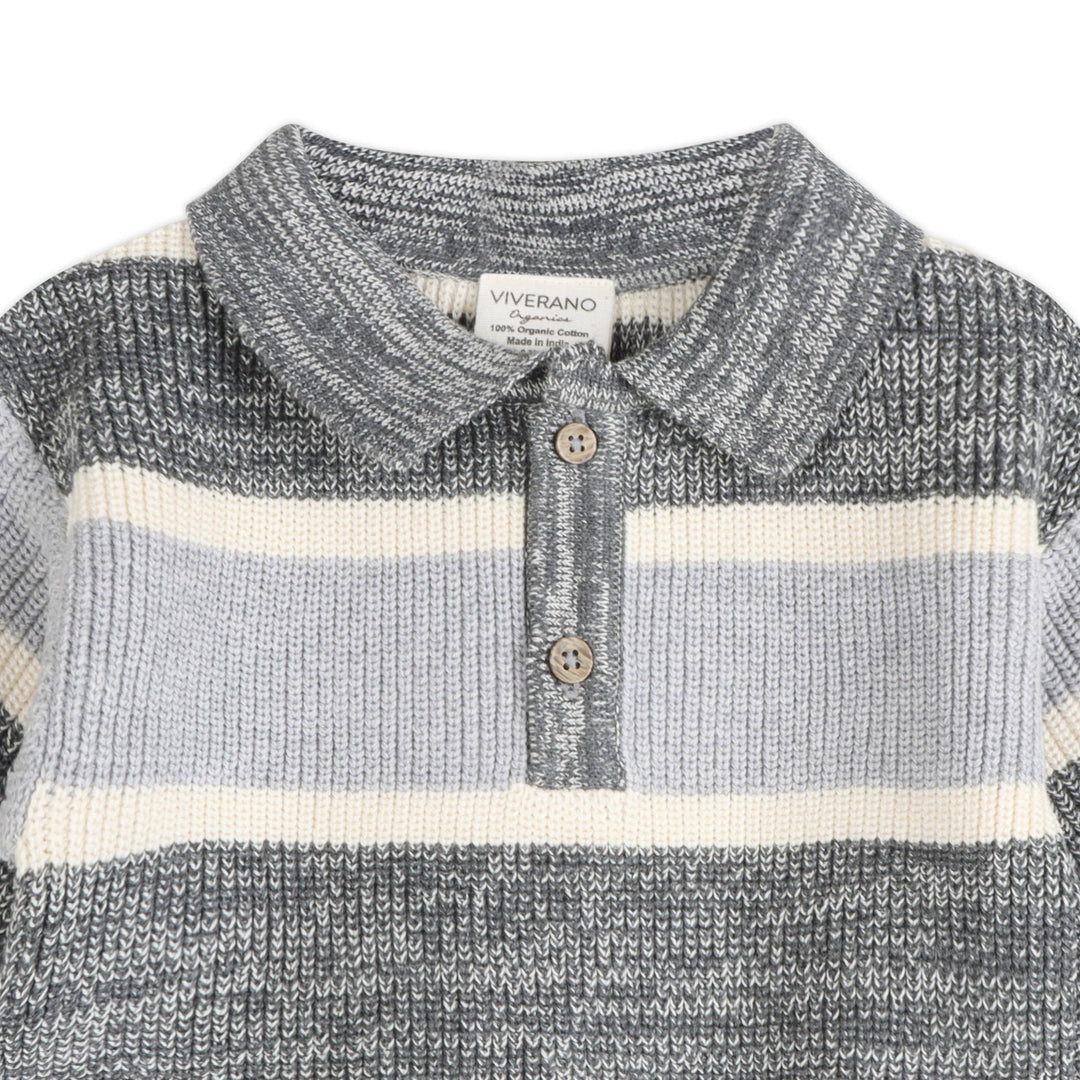 Rugby Stripe Organic Cotton Polo Pullover and Pants Set Charcoal