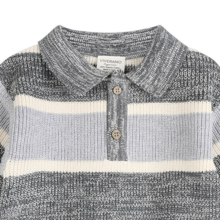 Rugby Stripe Organic Cotton Polo Pullover and Pants Set Charcoal