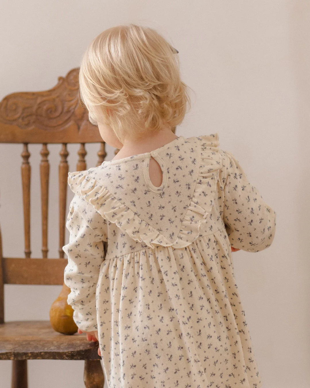 ORGANIC Long Sleeve Ruffle V Dress Blue Ditsy