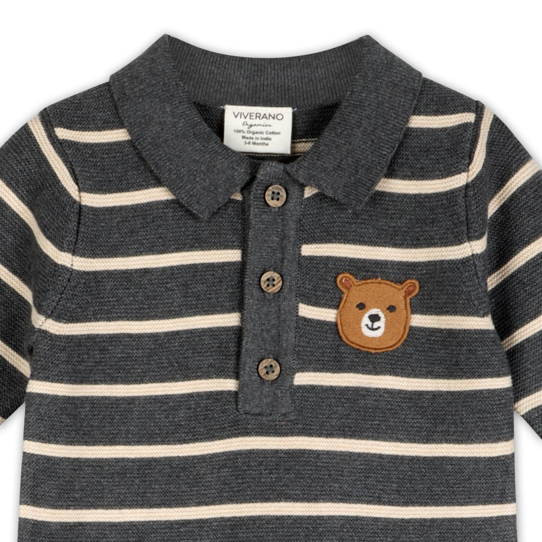 Bear Face Organic Cotton Striped Knit Baby Jumpsuit Charcoal