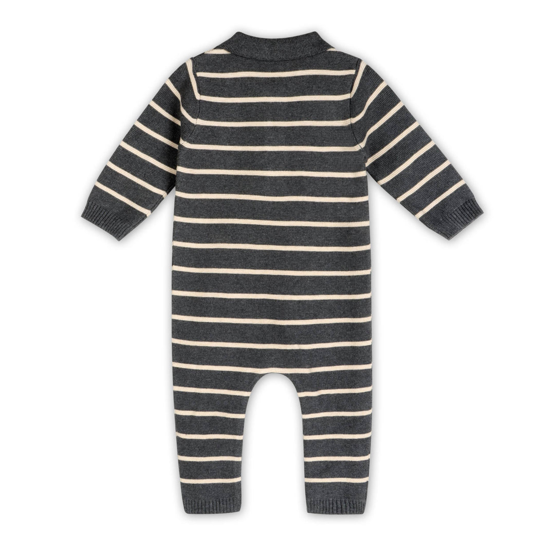 Bear Face Organic Cotton Striped Knit Baby Jumpsuit Charcoal