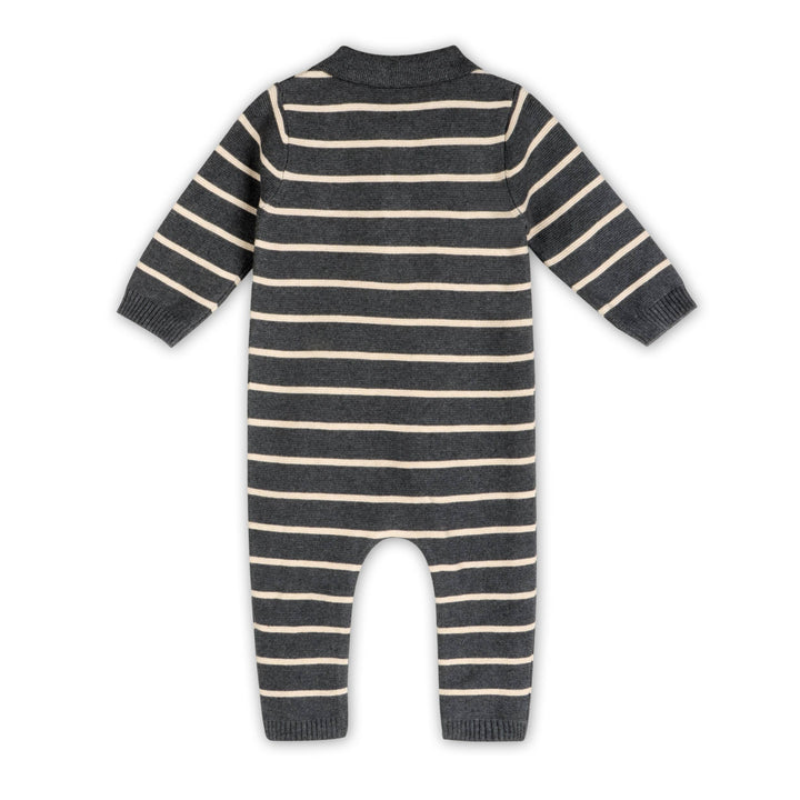 Bear Face Organic Cotton Striped Knit Baby Jumpsuit Charcoal