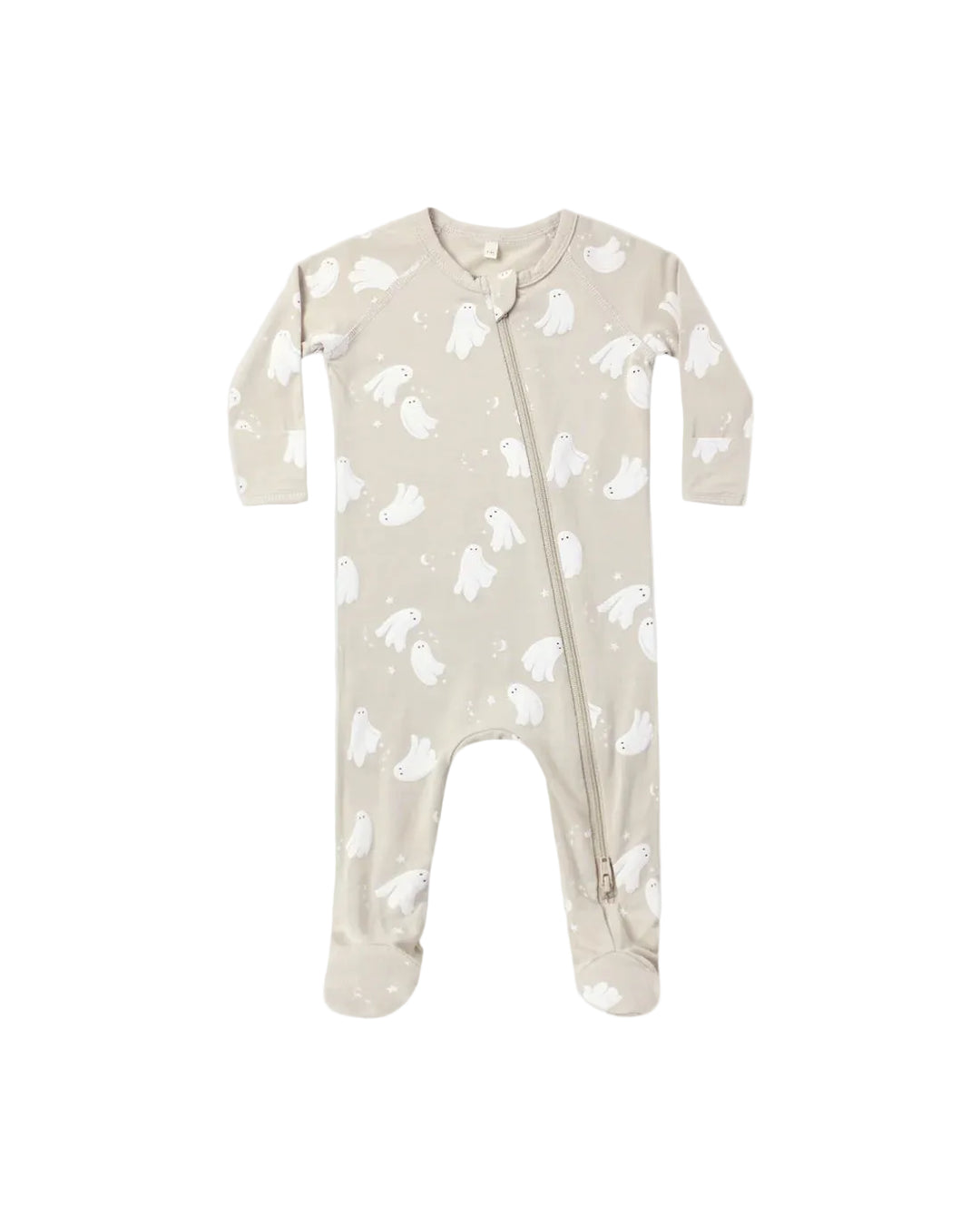 A baby long-sleeve footed sleeper in a light beige color, featuring a white ghost pattern all over and a front zipper closure, shown on a plain light gray background.