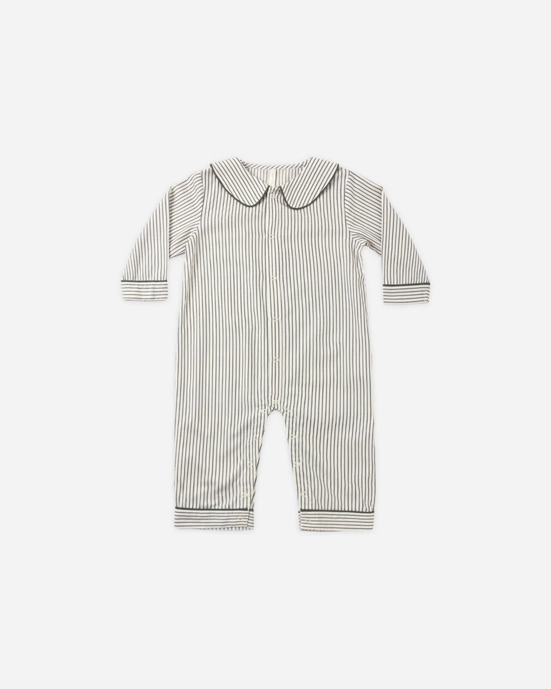 A baby long-sleeve footless romper with thin vertical stripes in beige and black, featuring a Peter Pan collar and dark piping details, shown flat on a light gray background.