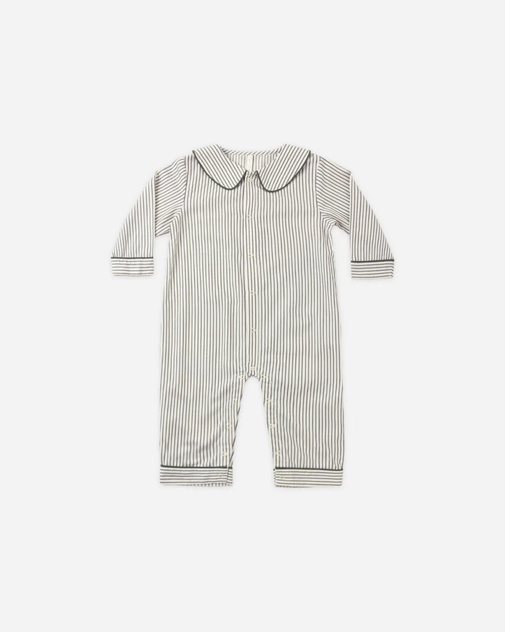 A baby long-sleeve footless romper with thin vertical stripes in beige and black, featuring a Peter Pan collar and dark piping details, shown flat on a light gray background.