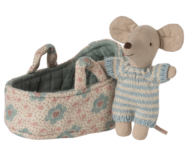 MAILEG Baby Mouse in Carry Cot - Blue