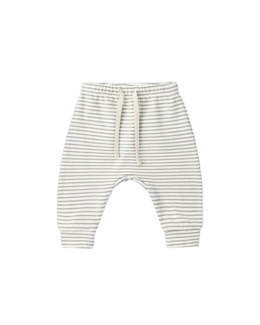 A pair of baby jogger pants with thin horizontal laurel stripes on an off-white base, featuring an elastic waistband and a matching drawstring.