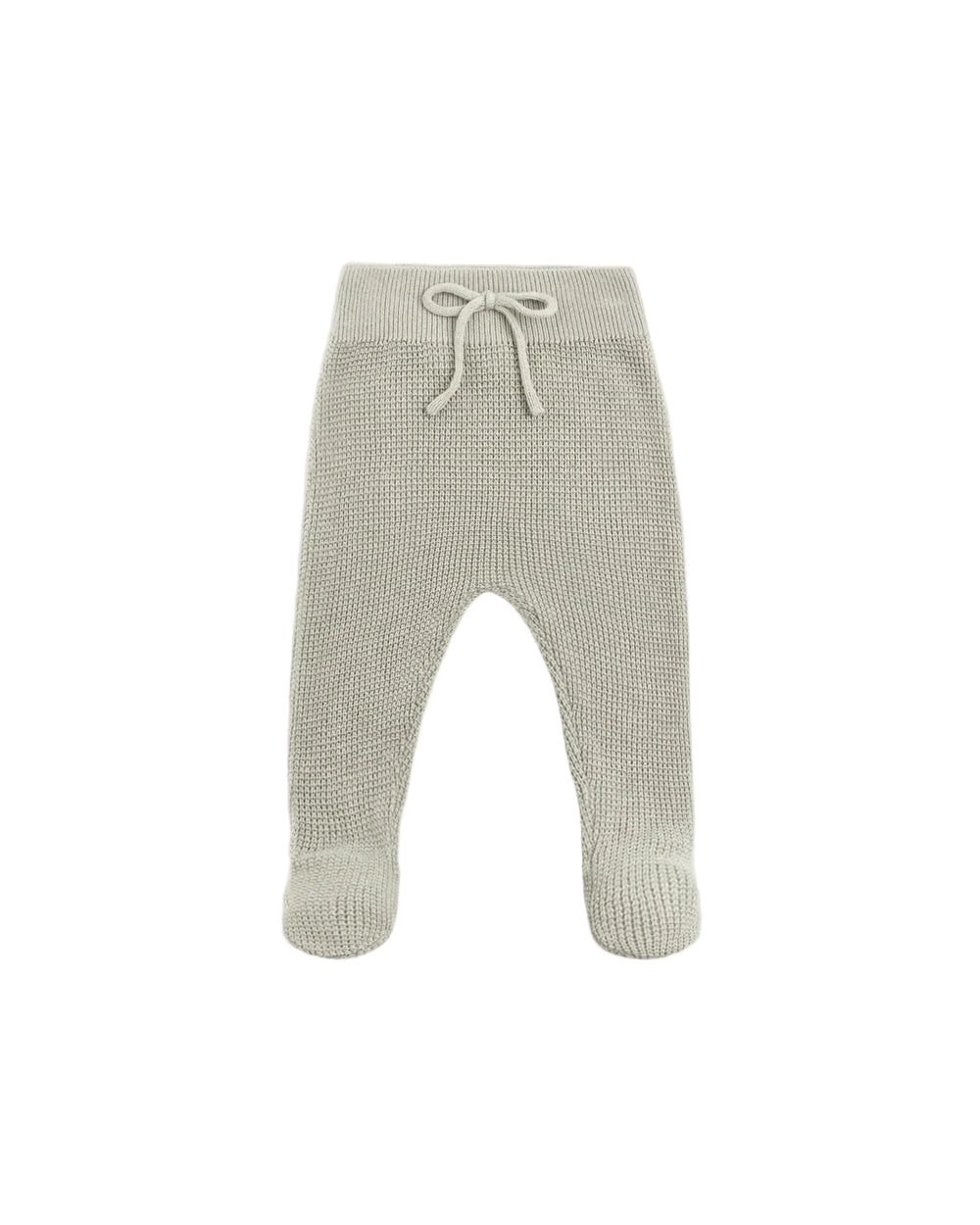 A pair of knit baby booties in a light oatmeal beige color, featuring a textured waffle knit pattern and a matching drawstring waistband, shown against a plain white background.