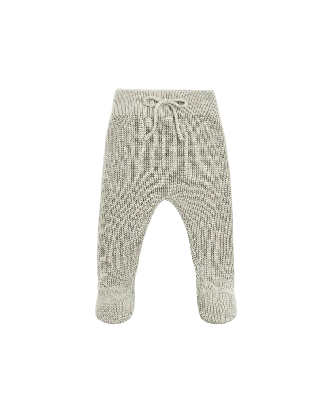 A pair of knit baby booties in a light oatmeal beige color, featuring a textured waffle knit pattern and a matching drawstring waistband, shown against a plain white background.