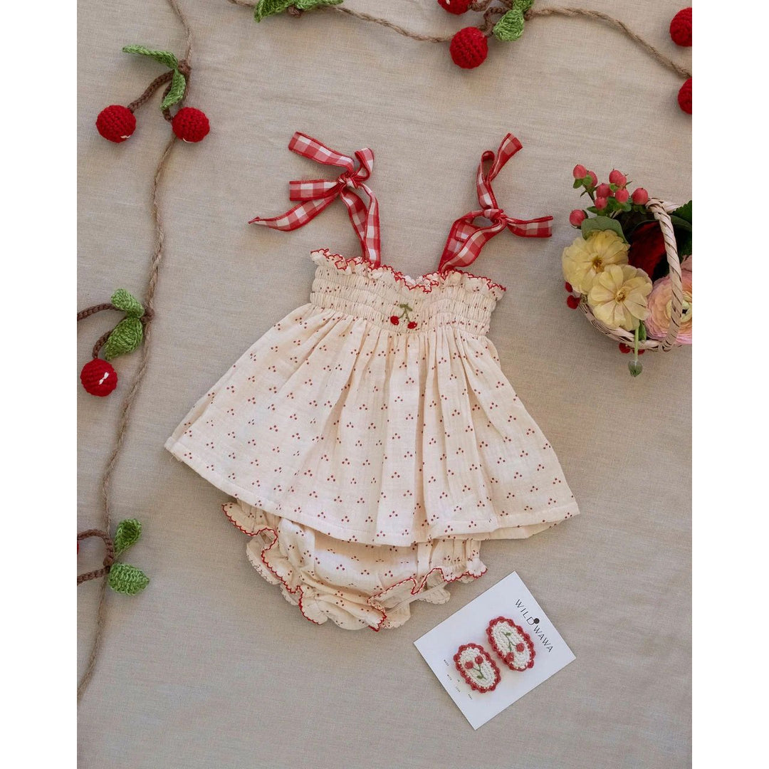 Embroidered Smock Set Red Dot Cherry