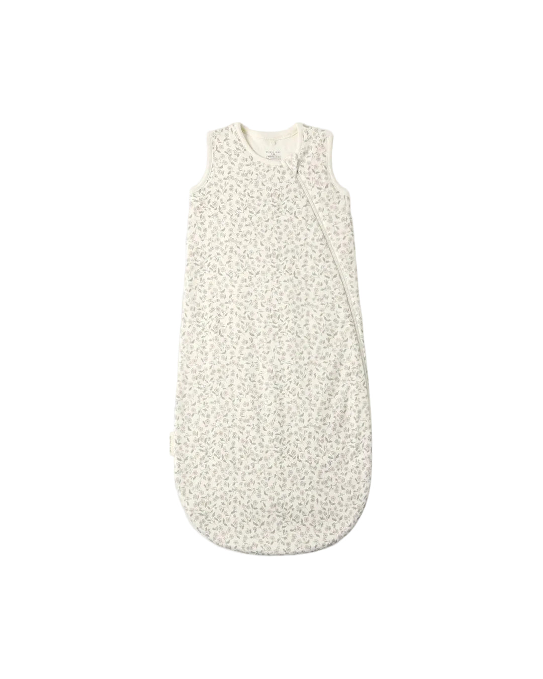 A sleeveless baby sleep bag with a tiny beige and white floral pattern