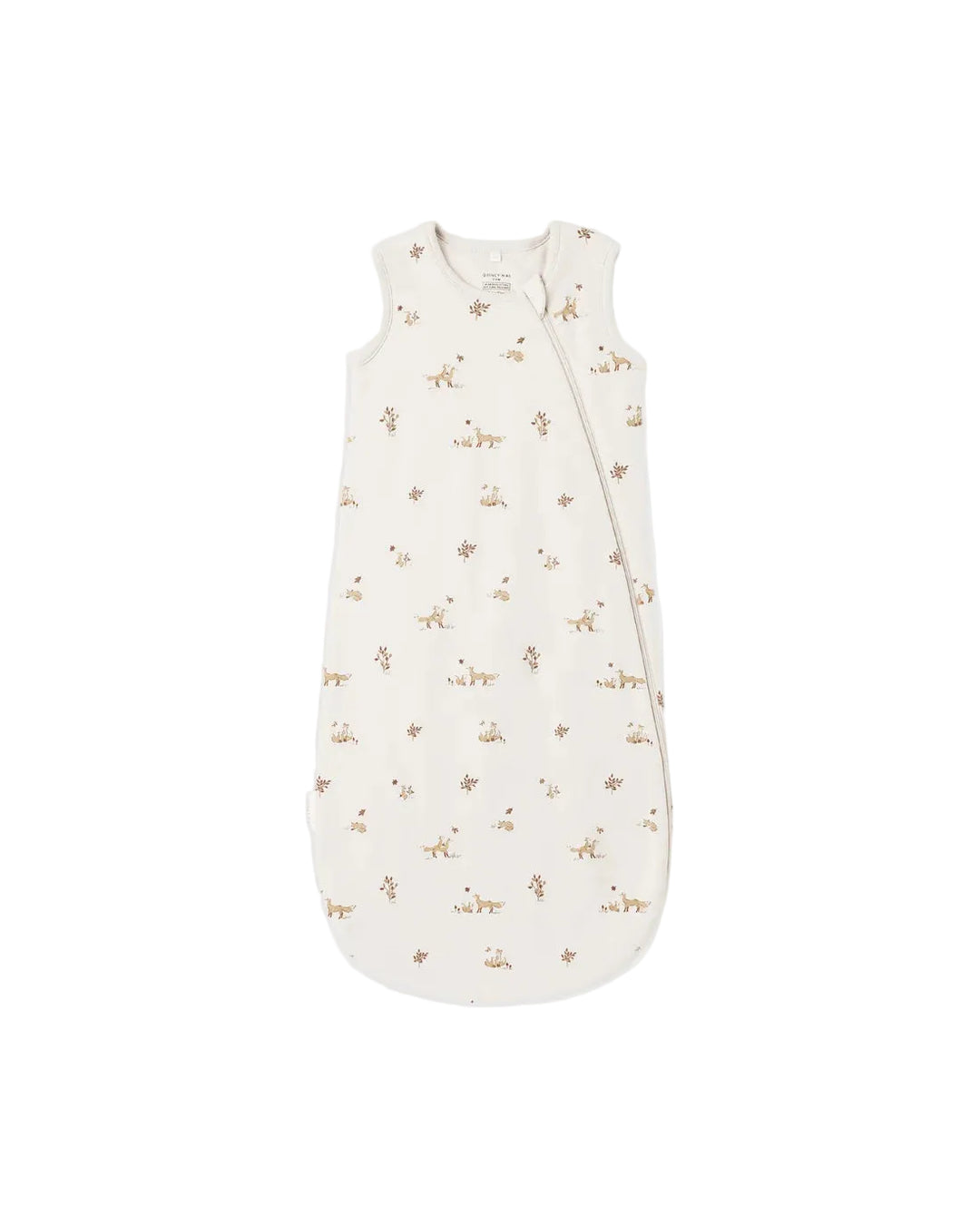 An off-white baby sleep sack with a small brown woodland animal print, shown flat against a light gray background.
