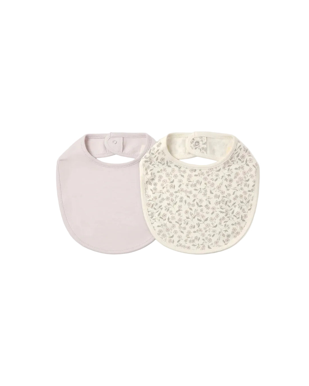 Two baby bibs on a light gray background. The left bib is a solid pale pink.