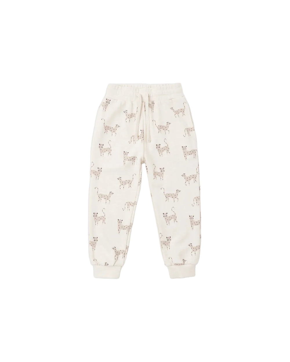 Off-white jogger pants with an allover print of small brown dogs, featuring an elastic waistband and drawstring.