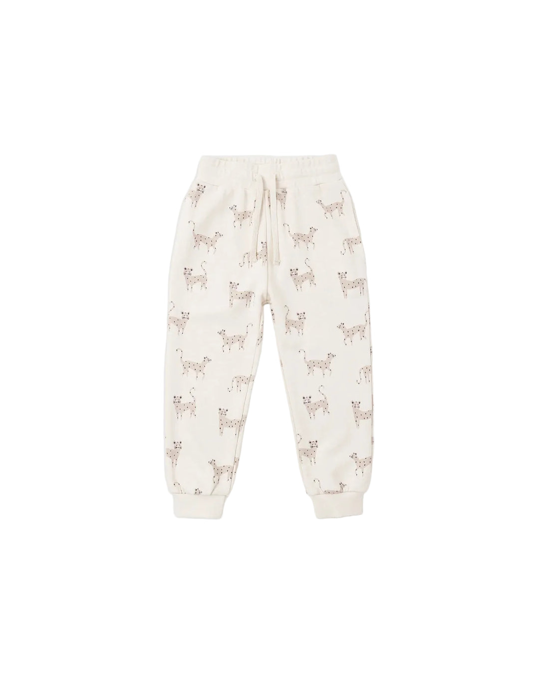 Off-white jogger pants with an allover print of small brown dogs, featuring an elastic waistband and drawstring.