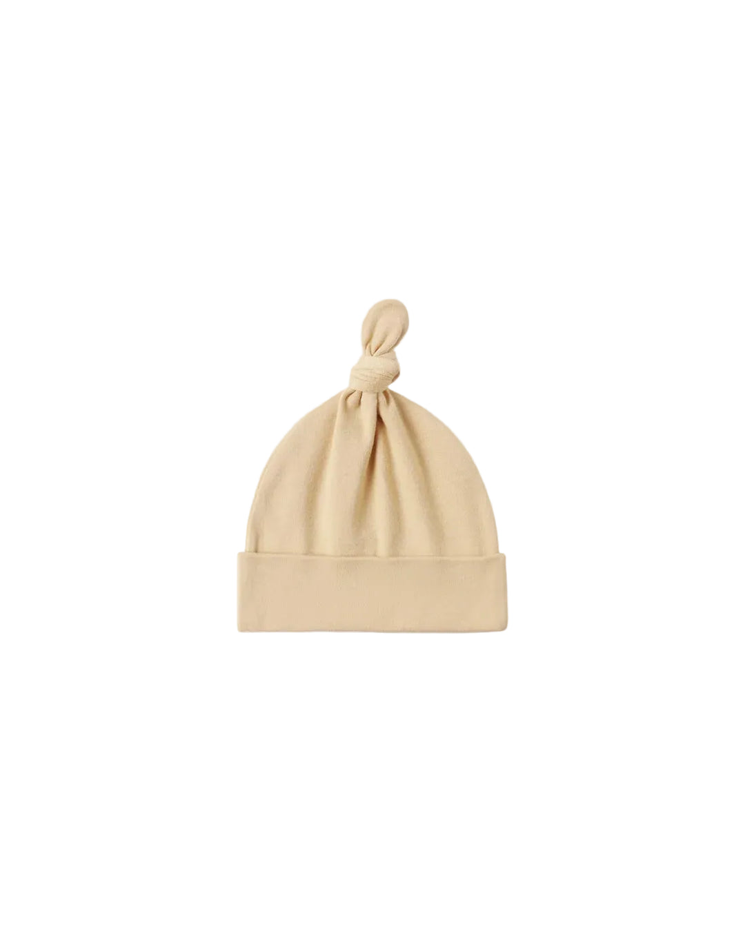 A light butterscotch yellow baby beanie hat with a knotted top and a folded cuff, centered on a plain white background.