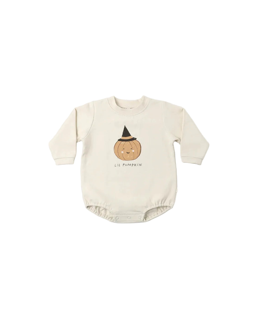 A cream-colored long-sleeve baby bodysuit featuring a cute graphic of a smiling jack-o&