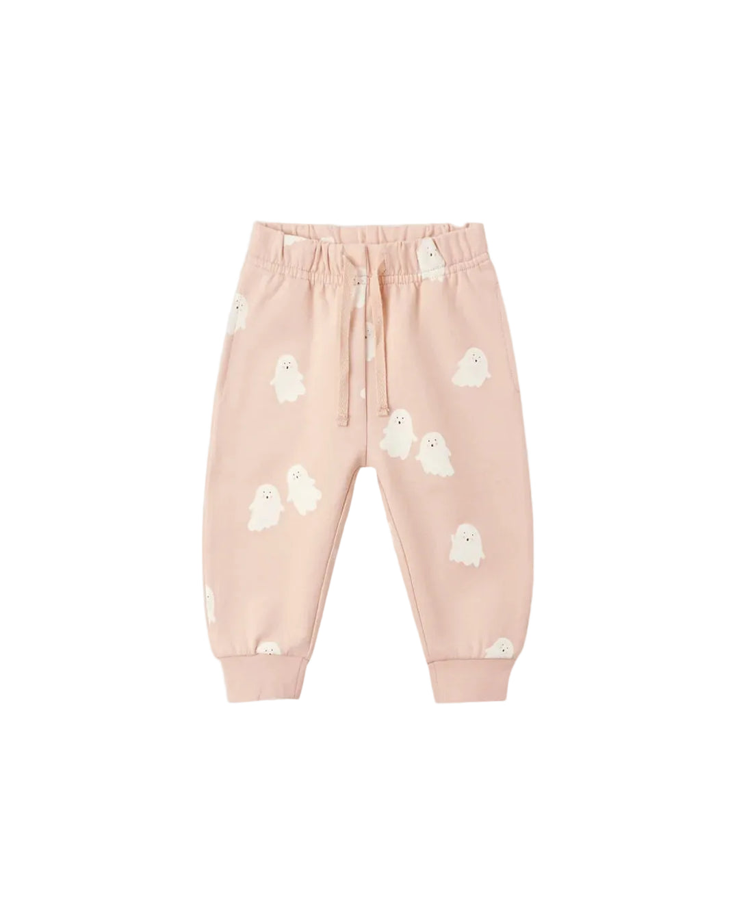 A pair of baby jogger pants in a soft, pale pink color, decorated with a playful pattern of small white cartoon ghosts. The pants feature an elastic waistband with a matching drawstring and ribbed cuffs at the ankles, shown flat against a clean, light gray background.