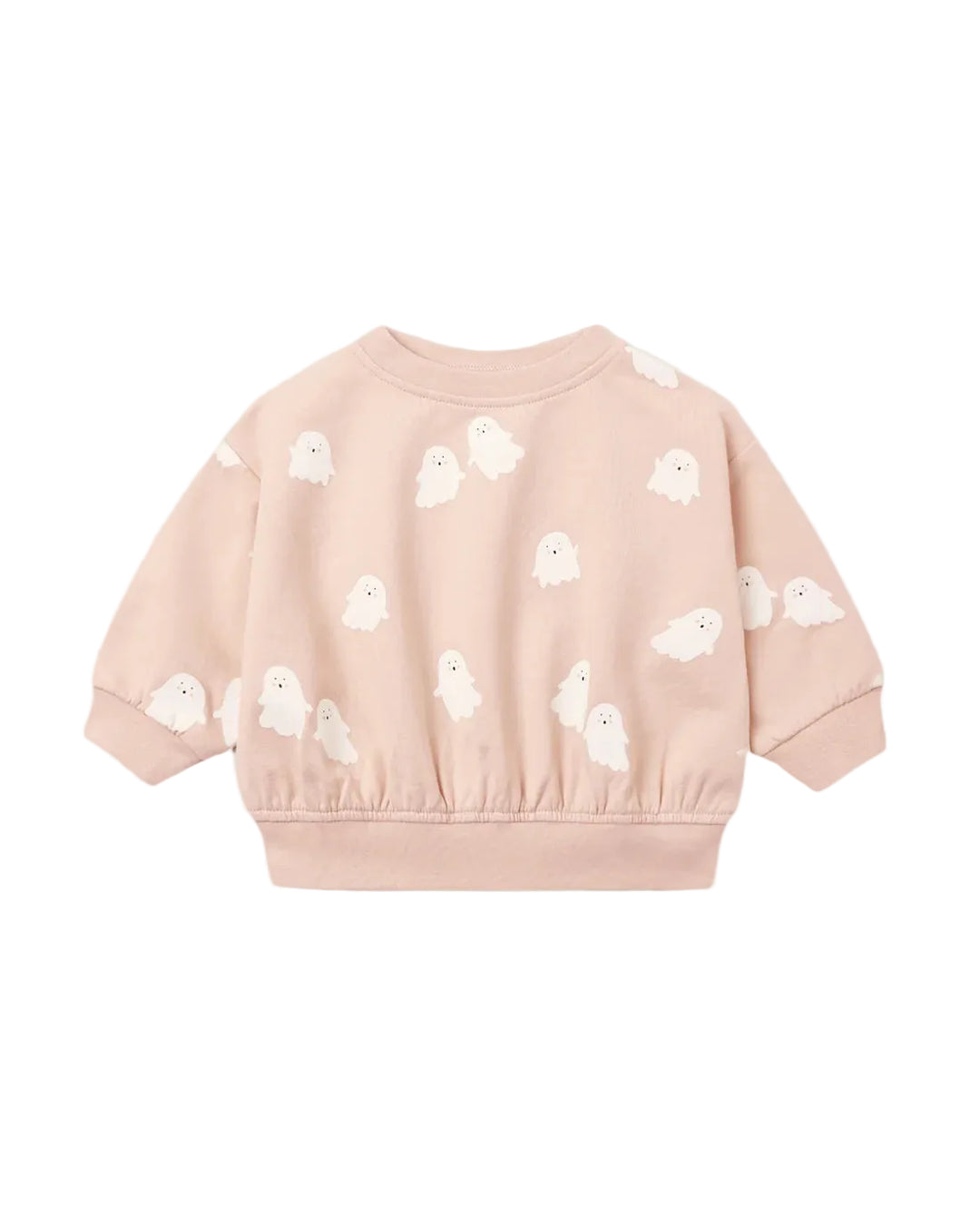 A light pink long-sleeve sweatshirt for toddlers, featuring an all-over print of small white ghost illustrations, shown against a plain light gray background.