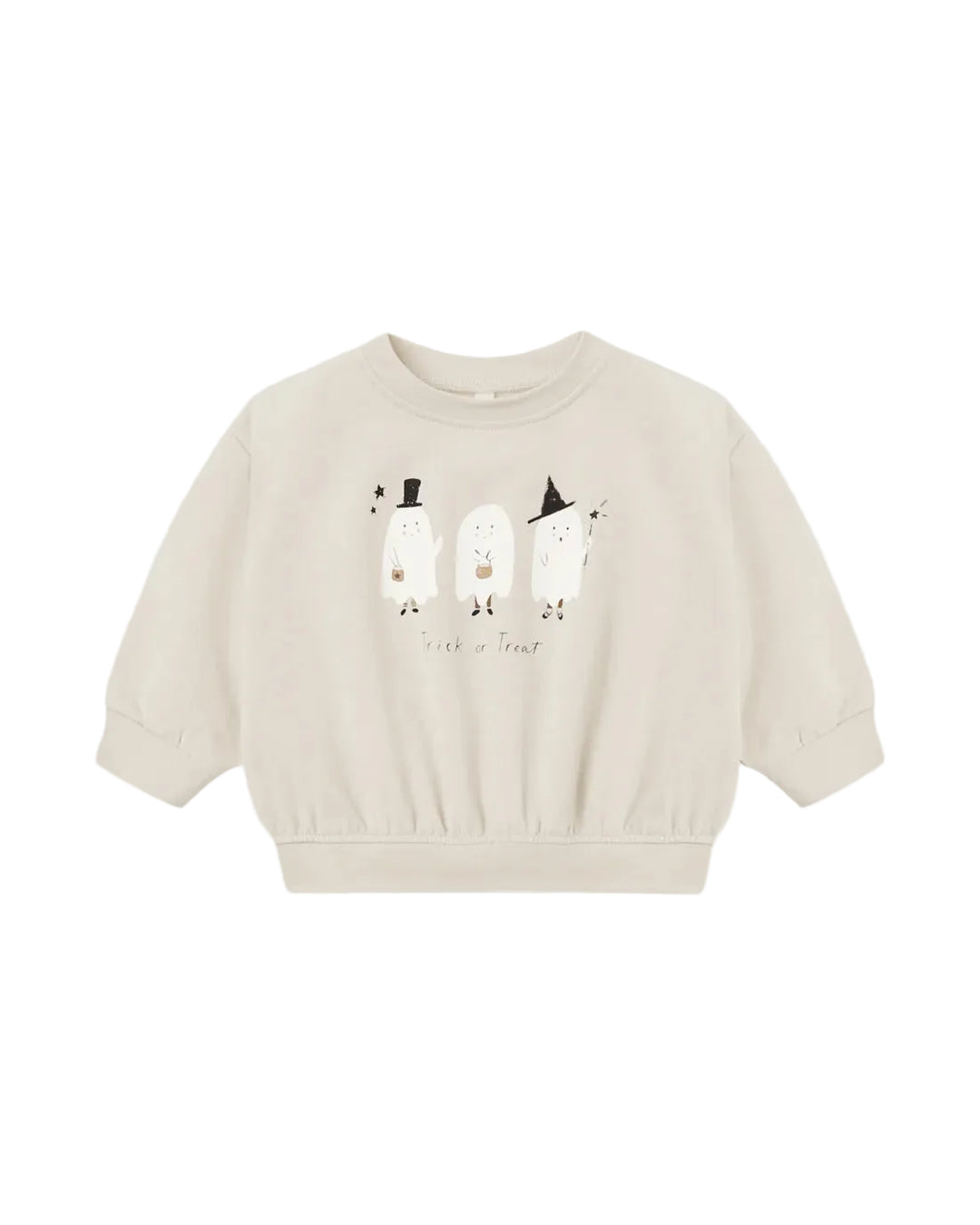 A cream-colored long-sleeve sweatshirt featuring a graphic of three cartoon ghosts wearing black top hats and a small cursive text print, displayed on a clean white background.