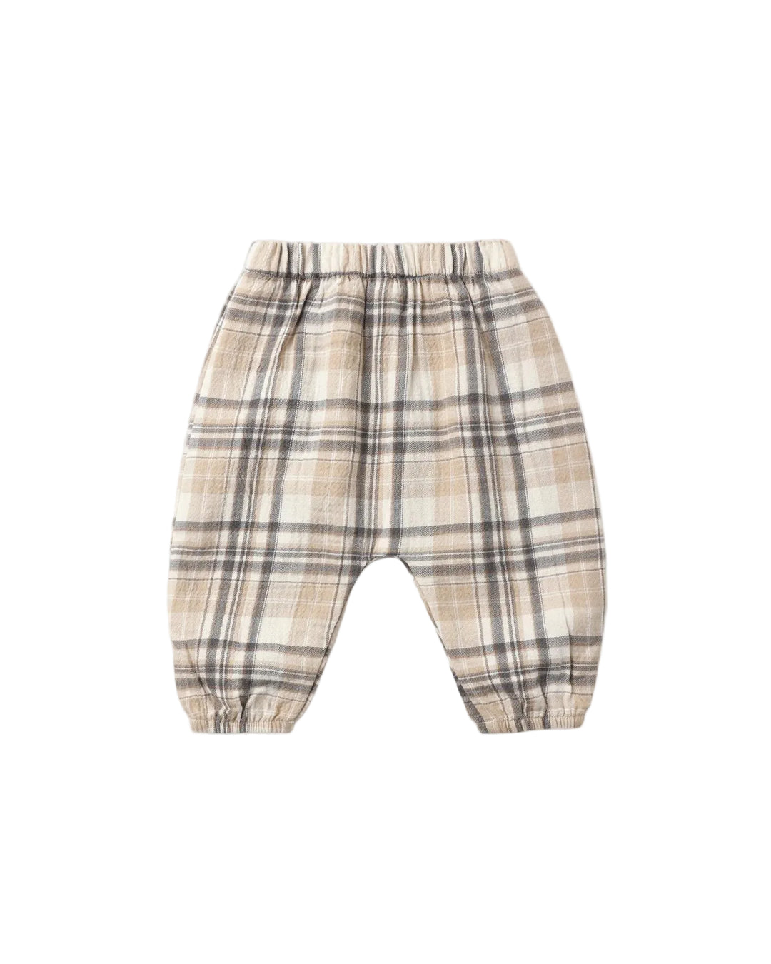 A pair of toddler's elastic-waist plaid pants in beige, brown, and gray, shown flat on a light gray background.