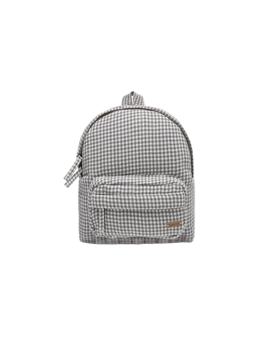 Organic Mini Backpack features a main zip compartment, front zip pocket, top handle, and adjustable padded shoulder straps—perfectly sized for little ones.

Featuring a timeless 'midnight gingham' pattern.
