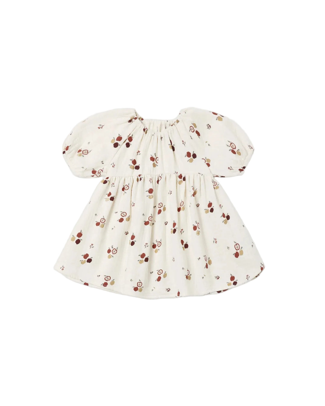Organic Quincy Mae Bella Dress in an apple print on a natural background. Short puff sleeves full gathered skirt.