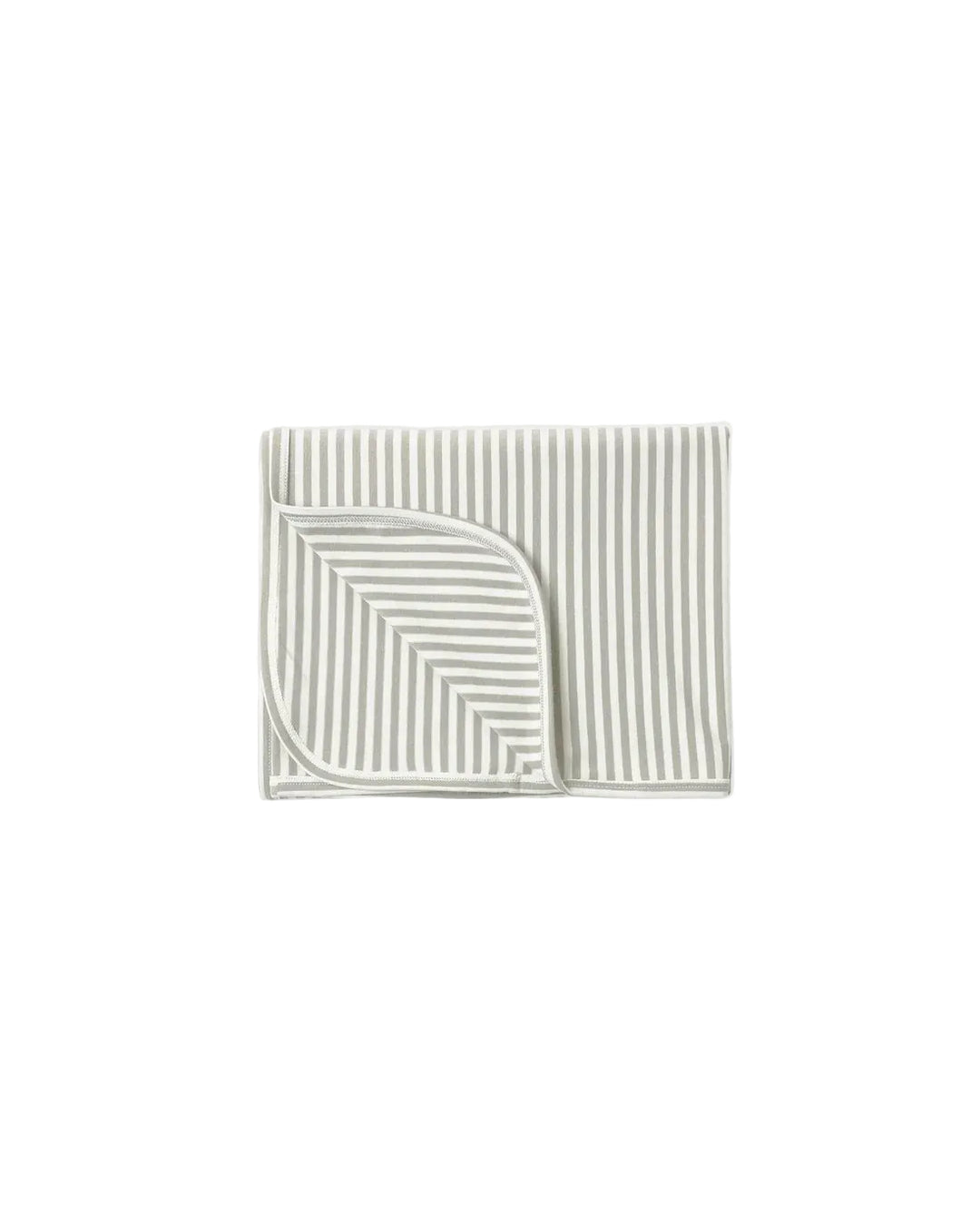 A folded baby blanket with a striped pattern in sage green and white.