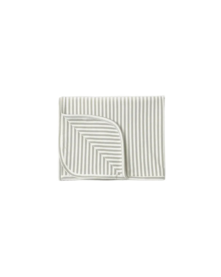 A folded baby blanket with a striped pattern in sage green and white.
