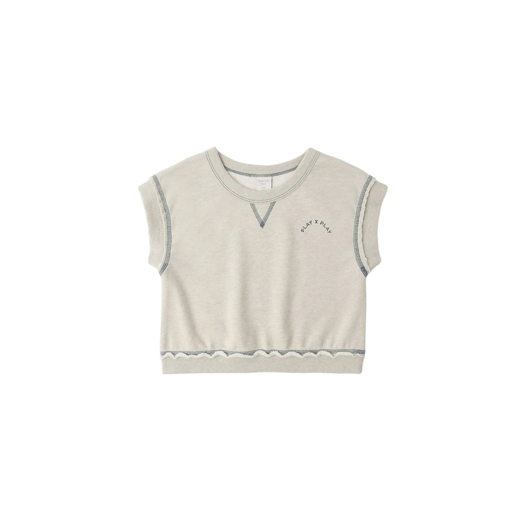 Light gray sleeveless top with scalloped hem on a white background