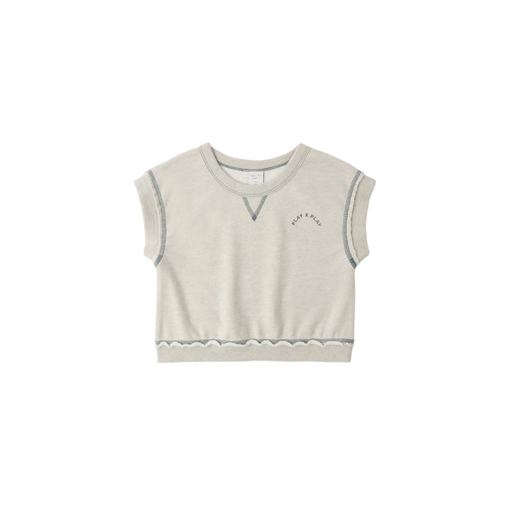 Light gray sleeveless top with scalloped hem on a white background