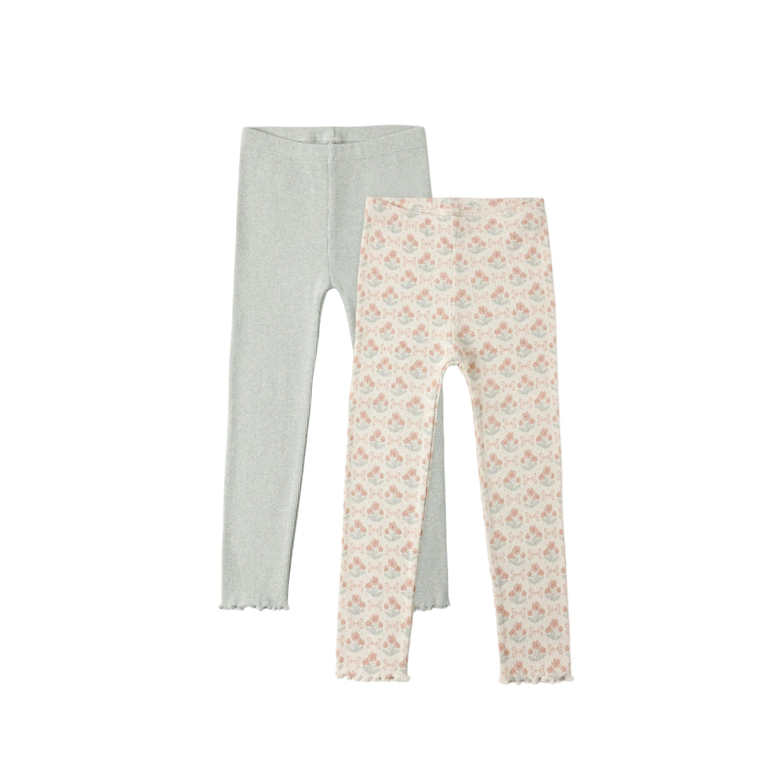 Two pairs of leggings, one gray and one with a floral pattern, on a white background.