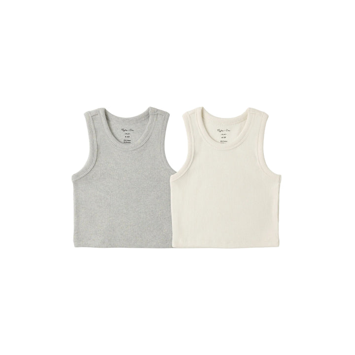 Two sleeveless shirts, one gray and one beige, on a white background