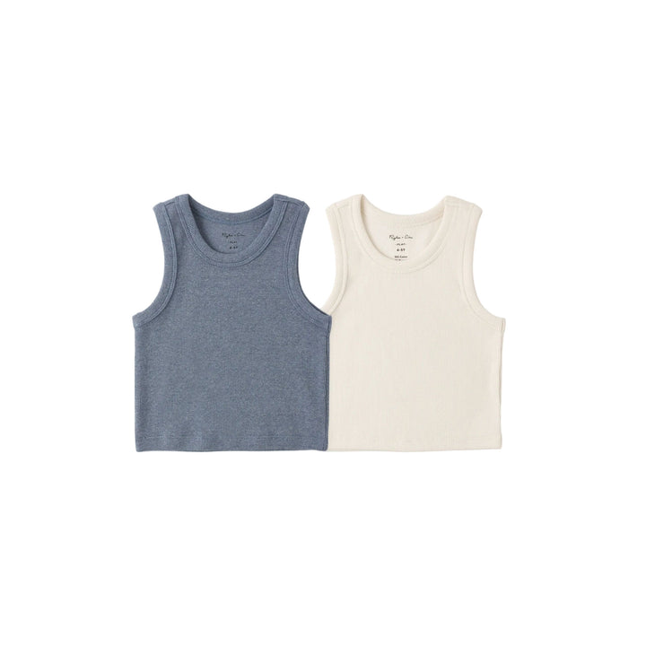 Two sleeveless shirts, one blue and one beige, on a white background