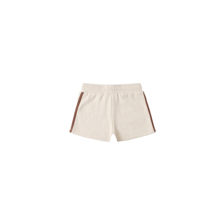 Beige shorts with brown accents on a white background