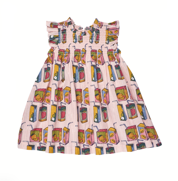A sleeveless pink dress with a smocked bodice and ruffled shoulder straps, featuring an allover print of colorful juice boxes, shown on a plain white background.